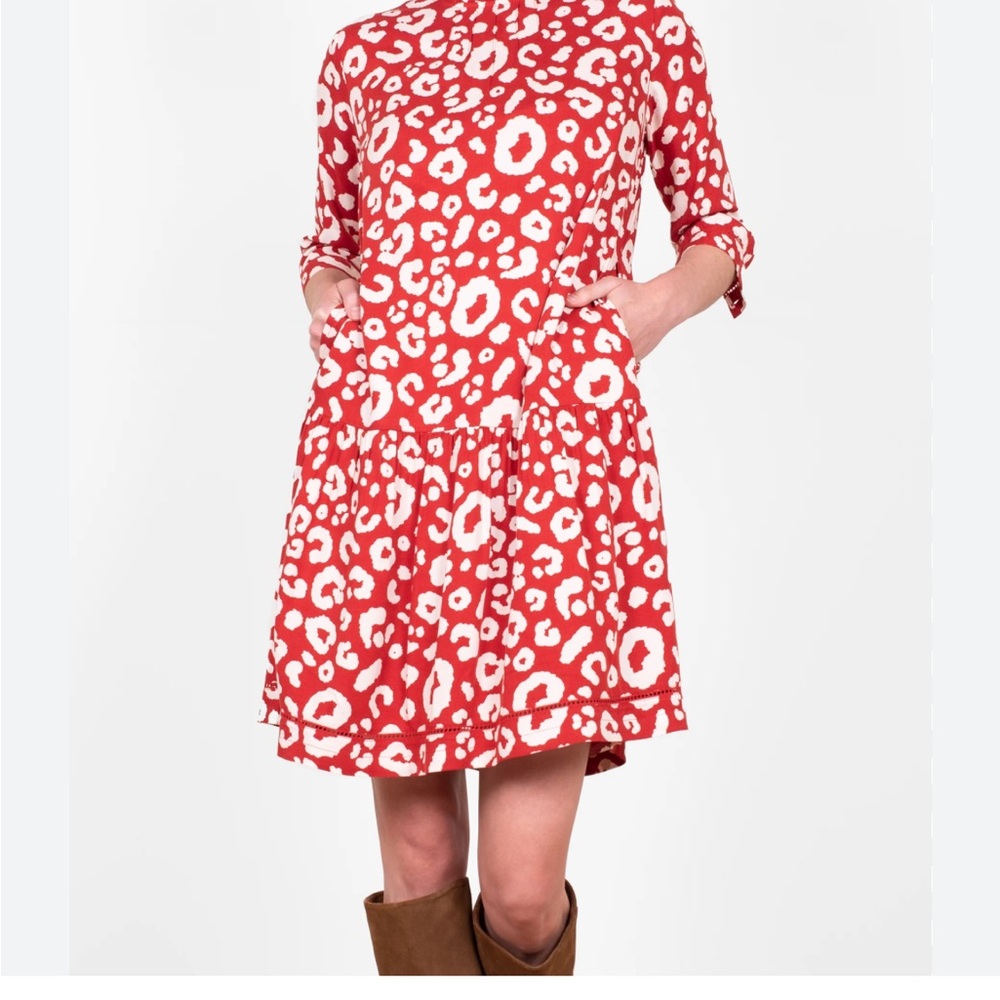 Red and Cream Cuffed Sleeve Sundress with Peter Pan Collar